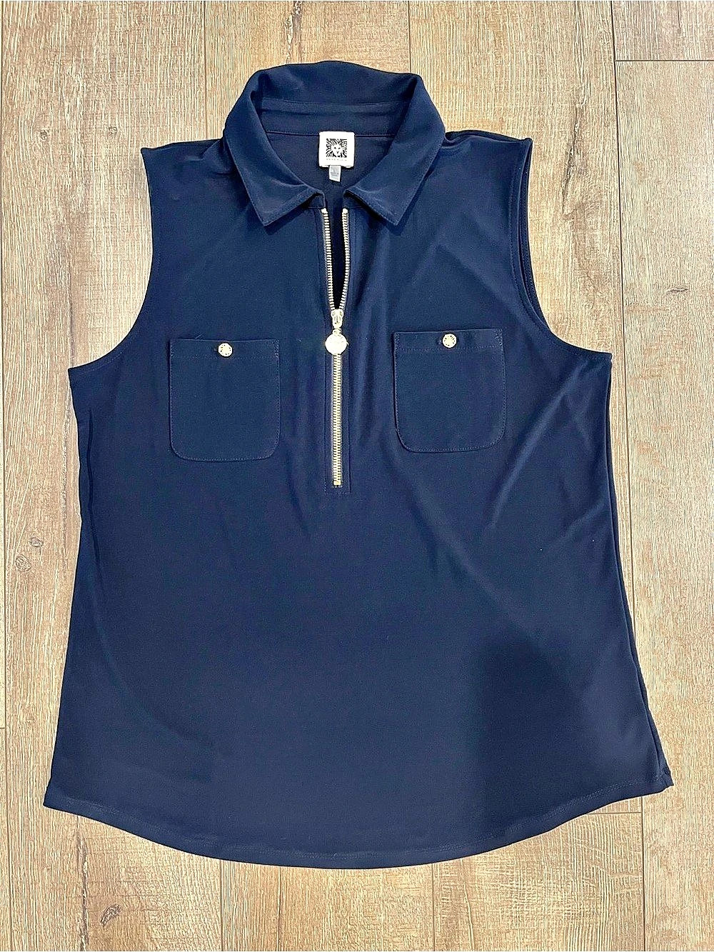Anne Klein Sleeveless Zip Polo Top with Gold Accents, Size Large